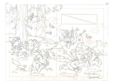 Snow White - The Seven Dwarfs Far Into The Forest Disney Studios - Original Production Drawing (Double Page) - Cardona - Page volante - Dessiné Ã  la main - (1990) | Catawiki
