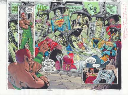 Dave Meikis, John Kalisz, Rags Morales | Hourman #7 Pgs. 12 & 13 Color Guide Art - Amazo And Jlandroids Dps - 1999 | Anthony’s Comic Book Art