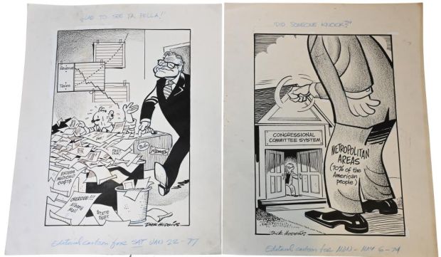 Lot 106 - 9 Dick Hodgins (American 20th Century), Original Editorial Cartoons Nine original pen and ink editorial cartoons on… | misc / divers