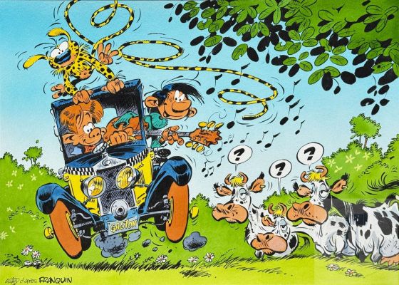 André Sipp/Gaston. Dessin original réalisé en hommage à Franquin. Superbe qualité d‘exécution qui illustre la maîtrise technique de l‘artiste. Encre de Chine et aquarelle signée. TBE+. 41 X 30 cm - Lot 207 :