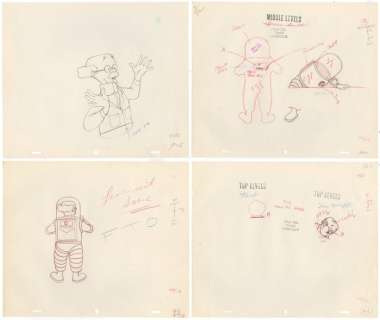 Tintin - 4 croquis préparatoire film dÂ´animation - On a marché sur la lune - Tournesol et Wolff (1962) | Catawiki