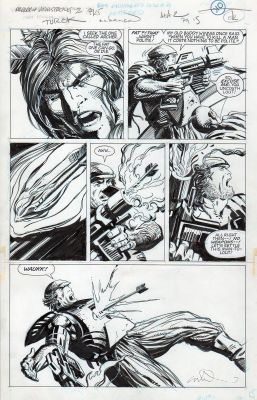 Barry WINDSOR SMITH - Tavola originale per Archer & Armstrong #2 Chapter 11 “Turok and Roll All Night” Page 15  (Valiant, 1992) . Cm. 28 x 43,5. Firmata in basso a destra e sul retro. Il pannello inferiore è su un cartoncino separato , fissato sul retro al resto della tavola. Particolare interessante: la tavola è stata migliorata nell’inchiostrazione dopo la pubblicazione dallo stesso Windsor Smith che ha scritto di suo pugno sul retro ‘Enhanced inks BWS’