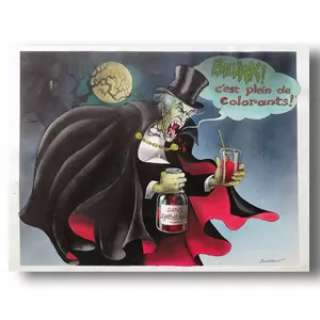 Claude Serre | lot 64 « Vampire et sang synthétique » dessin Original de Claude SERRE publié dans albums – « la BOUFFE » et « De bouche à oreilles » ed. Glénat – Rare signé (taille 40 x 30 cm) plume encre de chine et acrylique | Serre