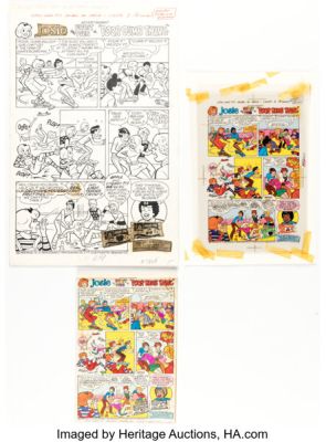 Dan DeCarlo and Jim DeCarlo (attributed) - Josie Fruit Pies Complete 1-Page Ad "Poor Dumb Thing" Original Art and Production Materials Group of 3 (Archie, 1977). (Total: 3 Original Art) | Heritage