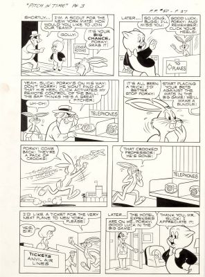 Phil de Lara | Tavola Originale per Porky Pig and Bugs Bunny (Warner Bros characters) n.50 pag.27. ‘Pitch in time’ . Dimensioni cm. 36 x 48. Gold key comics 1965. | Art e Fumetto