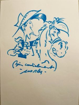 Dessin Original De Morris - Lucky Luke Et Jolly Jumper - Dédicace Sur Feuille A4