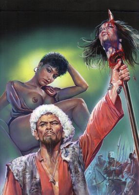 ENZO SCIOTTI - Copertina per La Schiava 26 ‘Banditi barbarossa’. Cm 25 x 35. Tempera su cartoncino rigido. Anno di esecuzione 1985. Il fondo nero è stato allungato di circa 2 cm in alto, estendendo con una giunta il cartoncino originario.