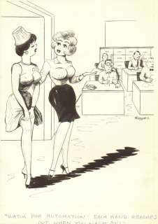 Lowell Hoppes - 2 sexy babes / secretaries sexual harassment gag - humorama 1963