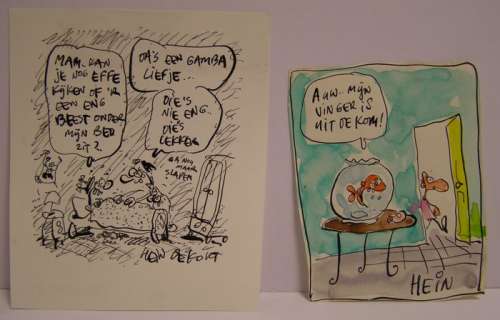 Kort, Hein de | Kort, Hein de - 2x Originele tekening - 1x Kleur + 1x Zwart-wit - Mijn vinger is uit de kom + Gamba | Catawiki