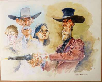 Maëster | Maëster - Planche originale Ã  l’aquarelle (p.153) Wanted - Pale Rider (Clint Eastwood) + au verso portrait Marilyn Monroe - (2012) | Catawiki