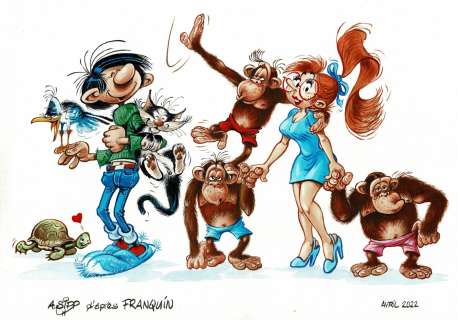 André Sipp - Lot 437 - Gaston et Mademoiselle Jeanne, dessin original à l’aquarelle en hommage à Franquin.