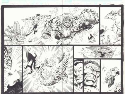Mario Gully, Scott Koblish - marvel adventures hulk #6 pgs. 20 & 21 - namor the sub-mariner and hulk capturing sea creatures dps - 2008 signed