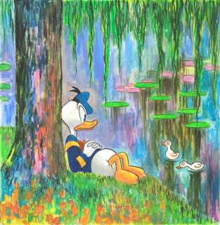 Tony Fernandez, Disney Artist - Donald Duck Inspired By Claude Monet‘s "Weeping Willow and the Waterlily Pond" (1919) - Original Painting - Tony Fernandez Signed - Original Acrylic Art - 50 x 34 cm
