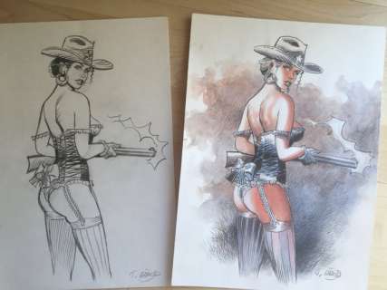 Girod, Thierry | Girod, Thierry - Crayonné original + dessin original couleur - Western Corset lacet - (2019) | Catawiki