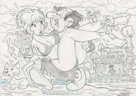 Jordan, Julian | Jordan, Julian - Original drawing - Natacha, Gargamel & Smurfs | Catawiki