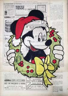 Andrea Boriani | Topolino - Christmassy Mouse handpainted on Italian 1900s magazine - 42 x 29 cm | Catawiki