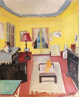 Jijé | Huile sur toile, représentant le salon de la villa à Cassis où ont vécu la famille Gillain et Will en 1951. On reconnaît sur les murs quelques dessins de Will et des peintures de Gillain. Reproduite en page 224 de Joseph Gillain une… | Septimus