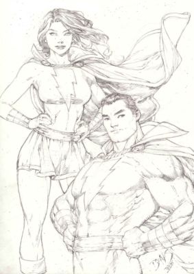 Ed Benes | Mary Marvel and Shazam - 09"x12" Pencil | Ed Benes