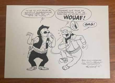 Tibet | Tibet - Originele tekening - Chick Bill - Kid Ordinn & Dog Bull Hommage zanger Renaud - (1992) | Catawiki