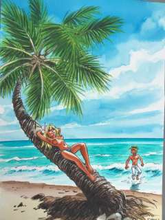 Dany | Dany - Dessin original couleur - Olivier Rameau et Colombe à la plage | Catawiki