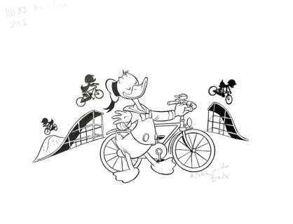 Wilma Van Den Bosch | Donald Duck - Wilma van den Bosch - originele tekening in inkt - Donald met fiets en neefjes - DD brievenbus - (2017) | Catawiki