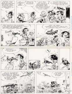 André Franquin - Gaston Lagaffe Gag n°839 Complete Story Original Art with Matching Color Guide (Spirou 2092, 1978). (Total: 2 Original Art)