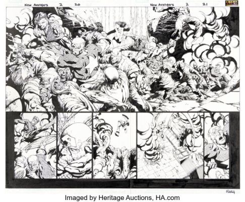 David Finch, Danny Miki, and Mark Morales New Avengers #2 Double Page Spread 20-21 Original Art (Marvel, 2005). | Heritage
