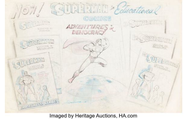 Joe Shuster - Superman Educational Comics Promotional Illustration Preliminary Original Art (c. 1945-46). | Heritage