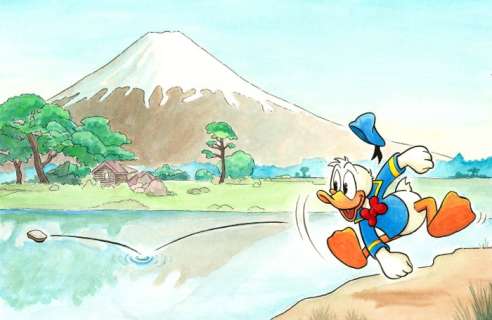Jordi Juan Pujol - Donald Duck Inspired By Yoshida Hiroshi’s "Suzukawa" (1935) - Mount Fuji - Original Painting | Catawiki