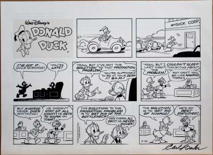 Pete ALVARADO - Striscia originale domenicale Sunday comic strip DONALD DUCK. Cm. 44 x 32. King Features Syndicate 29-5-1988. Firmata da Carl Barks, il padre dei paperi!