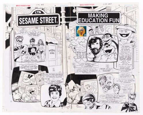 Lot 67 - CHARITY AUCTION JOE STATON DC SUPERHEROES STAMP ALBUM "CELEBRATE THE CENTURY" #8 DOUBLE PAGE SPREAD ORIGINAL ART. | Hake’s