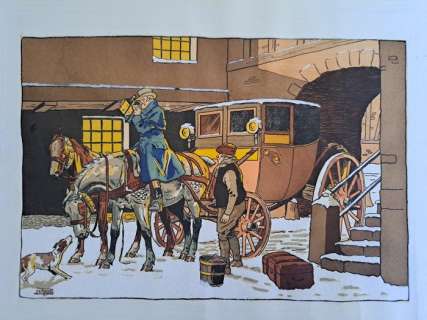 Le Rallic, Étienne - 1 Original colour drawing - Pierrot - La diligence dans la neige - 1930 | Catawiki
