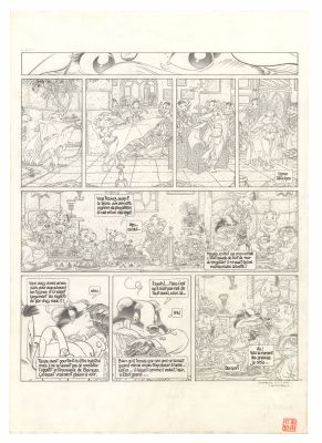 Michel Plessix | Le Vent dans les Sables - Du Souk dans la Casbah (T.5) - Planche originale n°137, accompagnée de sa mise en couleurs sur bleu à l’aquarelle 25,5 x 33,2 cm | Daniel Maghen