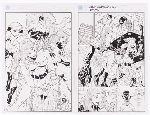 Lot 34 - BEN DUNN FANTASTIC FOUR TRY-OUT PAGE & PIN-UP ORIGINAL ART PAIR.
