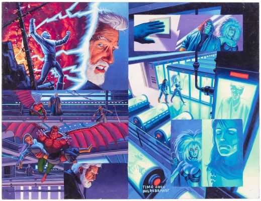 Lot 26 - THE BROTHERS HILDEBRANDT X-MEN 2099: OASIS #1 COMIC BOOK DOUBLE PAGE SPREAD ORIGINAL ART PAINTING. | Hake’s