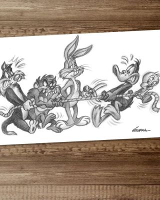 Joan Vizcarra Pencil drawing - Looney Tunes Tug of War – Hand Signed Original Artwork | Catawiki
