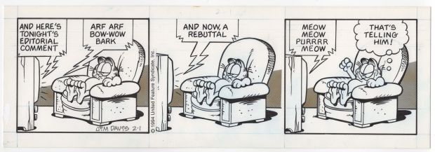 Jim Davis | Striscia originale daily comic strip Garfield. Cm. 38 x 13. Paws /United Feature Syndicate 01-02-1994. Firmata. | Art e Fumetto