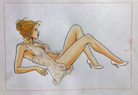 Juszezak. Dessin érotique illustrant une jolie blonde allongée en tenue légère. Oeuvre... | 68 Art Auction