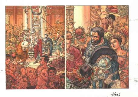 Lorenzo PIERI - Aquarelle originale alternative pour les cases 2 et 3 de la planche 2 de MURENA tome 10 - Le banquet -