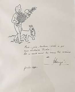 Hergé - dessin original - Tintin et Milou en pied avec les symboles du bonheur - (1971) | Catawiki