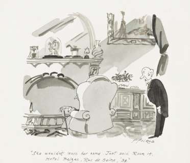 MICHAEL FFOLKES (1925-1988) "She wouldn’t leave her name. Just said Room 14, Hotel Balzac, Rue de Seine, ’38." [NEW YORKER / CARTOONS | Swann Galleries