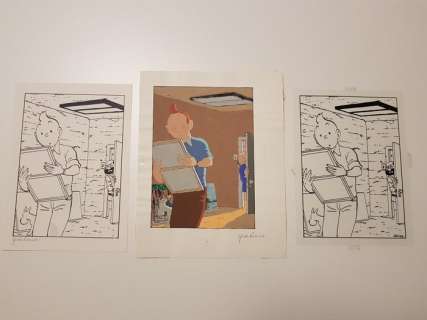 Rodier, Yves - Planche originale (Hors Texte 4) + Cello + Colorisation Ã  la gouache- Tintin et l’Alph-Art | Catawiki