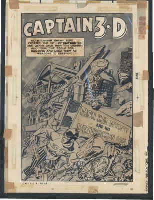 Jack Kirby Mort Meskin | Jack Kirby - Awesome Large Art Title Splash - Captain 3-D # 1 - Crazed Killer Tries To Crush Cap with Bulldozer Issue Captain 3-D # 1 | Koch Comic Art
