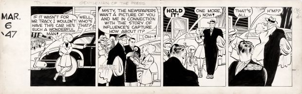 Chester Gould | Gould, Chester - Dick Tracy Daily 3/6 1947, After Capturing Influence, Tracy Gets a Intimate, And Public, Reward From the Beautiful Misti! | Cool Lines Art