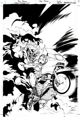 Pop Mhan | Demon: Driven Out #3 Cover (Demon: Etrigan Riding with Ame Okumura on Her Motorcycle!) 2003 | Romitaman