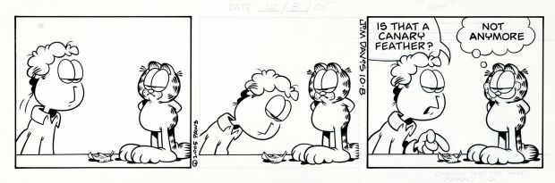 Jim Davis | Garfield Daily Strip (Garfield Is the Cat That Ate the Canary As Jon Gets Pissed!) 10-8-2005 | Romitaman