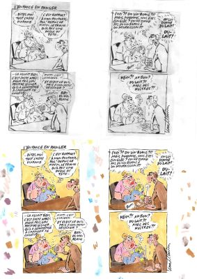 Vuillemin Philippe | Gag original complet de Philippe VUILLEMIN : L’enfance en danger. Mise en couleur vendue avec l’original en noir et blanc a l’encre de chine | Galerie Napoléon