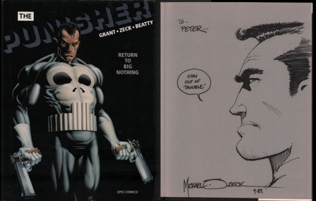 Mike Zeck | Punisher Profile Commission on First Page of ’Return To Big Nothing’ Hardcover Book - Signed - 1989 | Anthony’s Comic Book Art