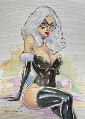 Marc Holanda | Black Cat Watercolor Pin Up 9x12 | Raremarq (Buy It Now)