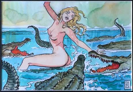 Milo Manara - Aquarelle originale - La femme fuyant les crocodiles | Catawiki